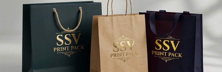 Dark green rope-handle paper bag, kraft twisted-handle bag and maroon non-woven bag with gold SSV foil
