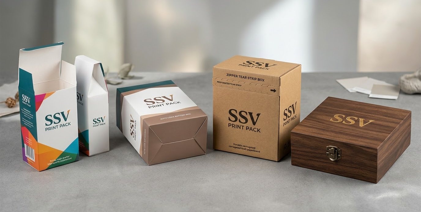 SSV mono cartons, an auto-lock bottom box, a zipper tear-strip mailer and a walnut-finish MDF gift box on a stone table