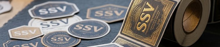 Navy and kraft die-cut SSV stickers beside a roll of gold hot-foiled labels