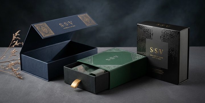 Navy magnetic-flap box, green sleeve-and-drawer box and black drip-off UV carton