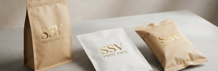 Kraft stand-up pouch, white flat pouch and kraft pillow pouch, each foil-stamped SSV